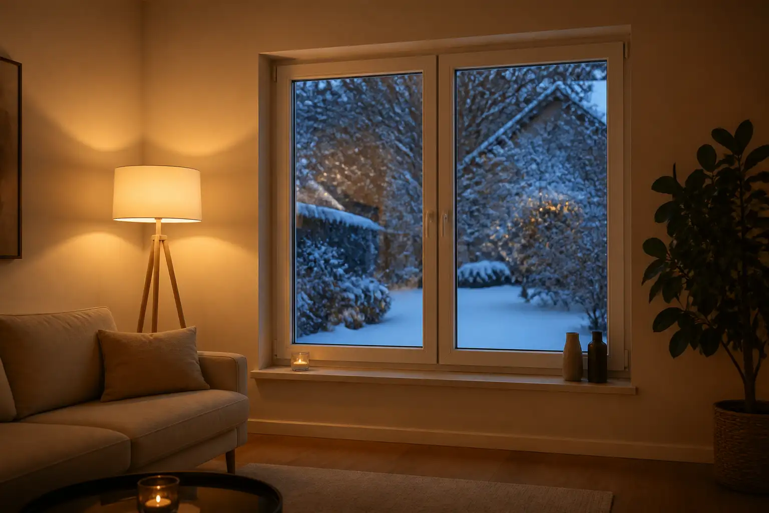 Warm beleuchtetes Wohnzimmer am Winterabend, dahinter ein verschneiter Garten hinter der geschlossenen Fensterscheibe