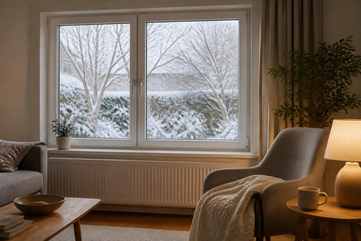 Weißes Zweiflügelfenster im Wohnzimmer an einem Winterabend, draußen verschneite Bäume, darunter ein Heizkörper, daneben ein Sessel mit Wolldecke