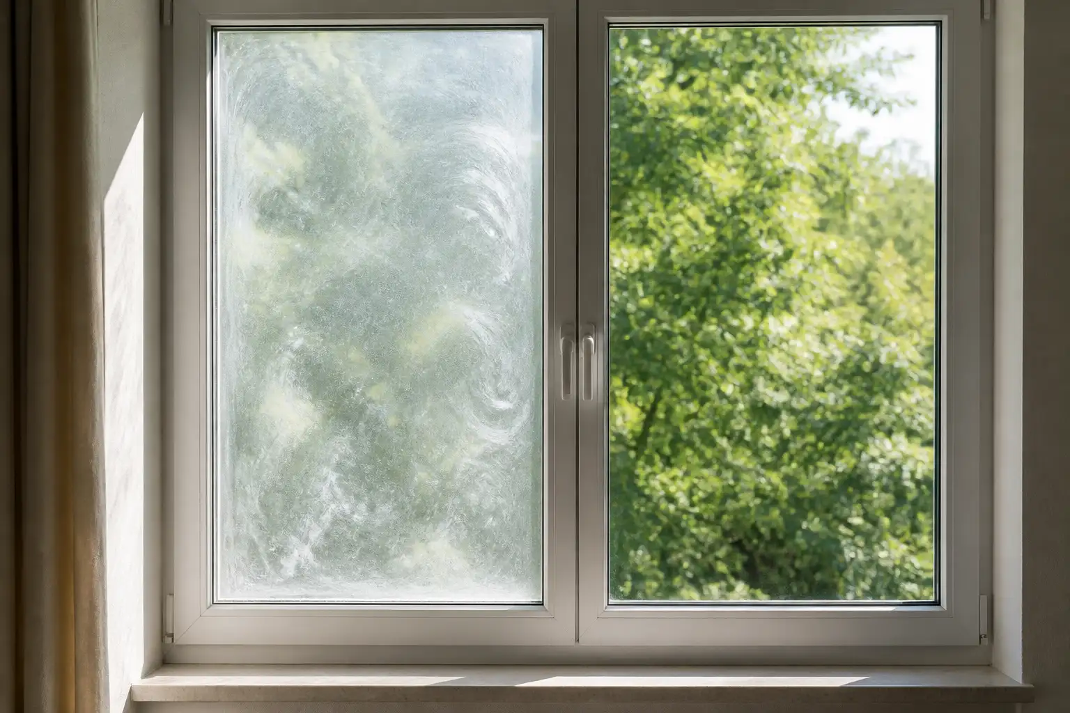 Fensterflügel mit milchigem Kleberschleier neben einem bereits gereinigten, klaren Flügel