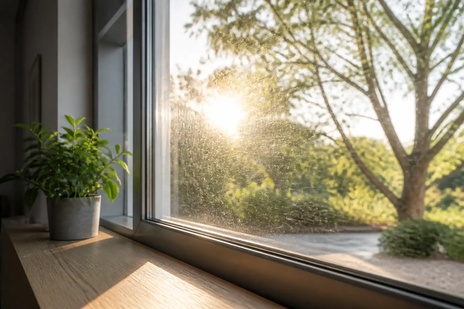 Fensterscheibe mit feinen Haarkratzern im flachen Morgenlicht, dahinter ein Garten mit Baum