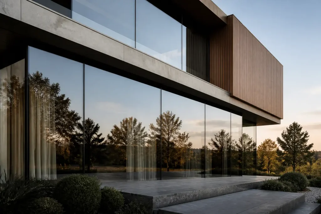 Große klare Glasfassade eines modernen Wohnhauses im Abendlicht, das Glas spiegelt Bäume und Himmel