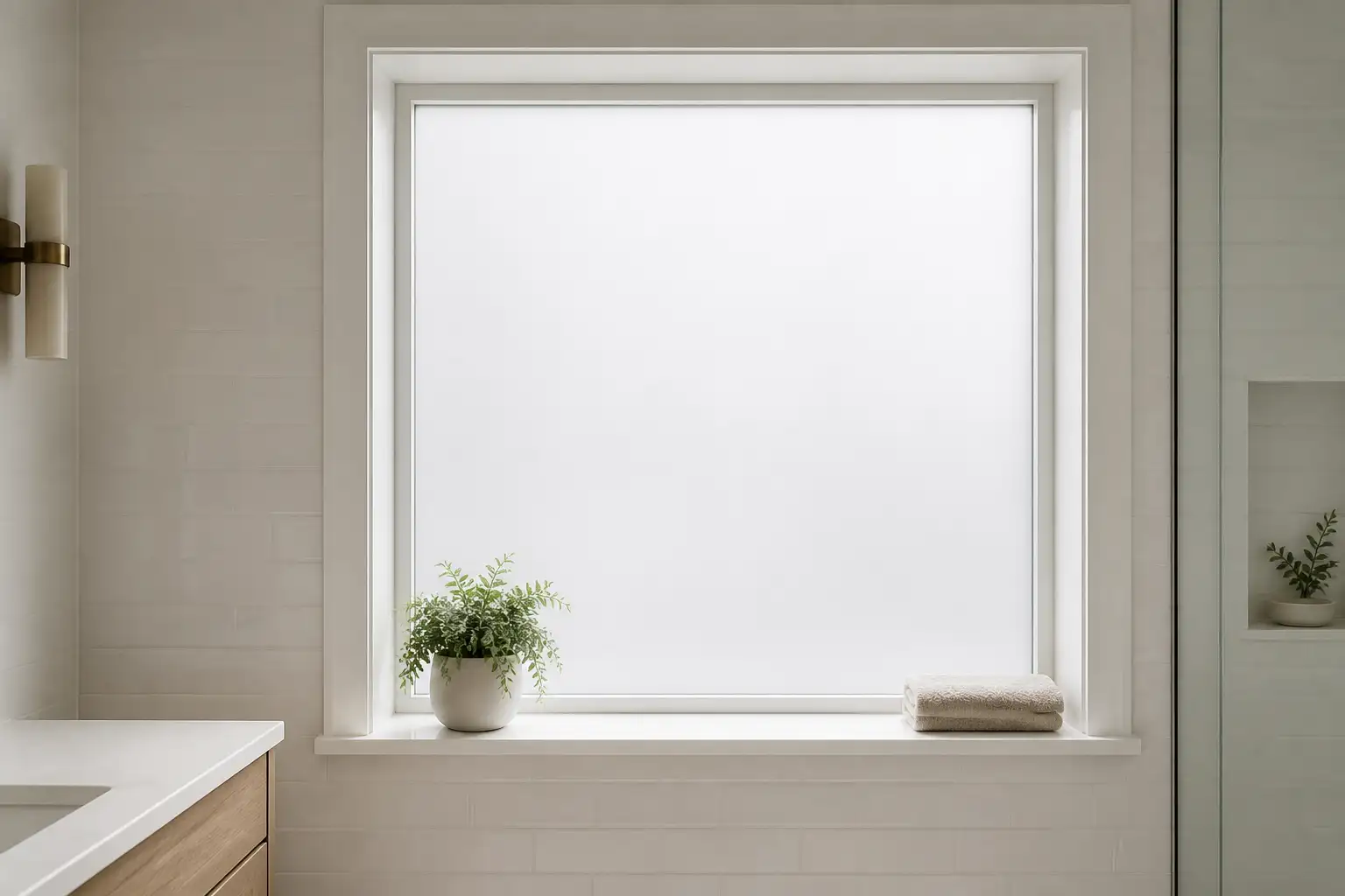 Badezimmerfenster, vollflächig und gleichmäßig mit glatter, matter Milchglasfolie beklebt; auf der Fensterbank eine Pflanze und ein Handtuch