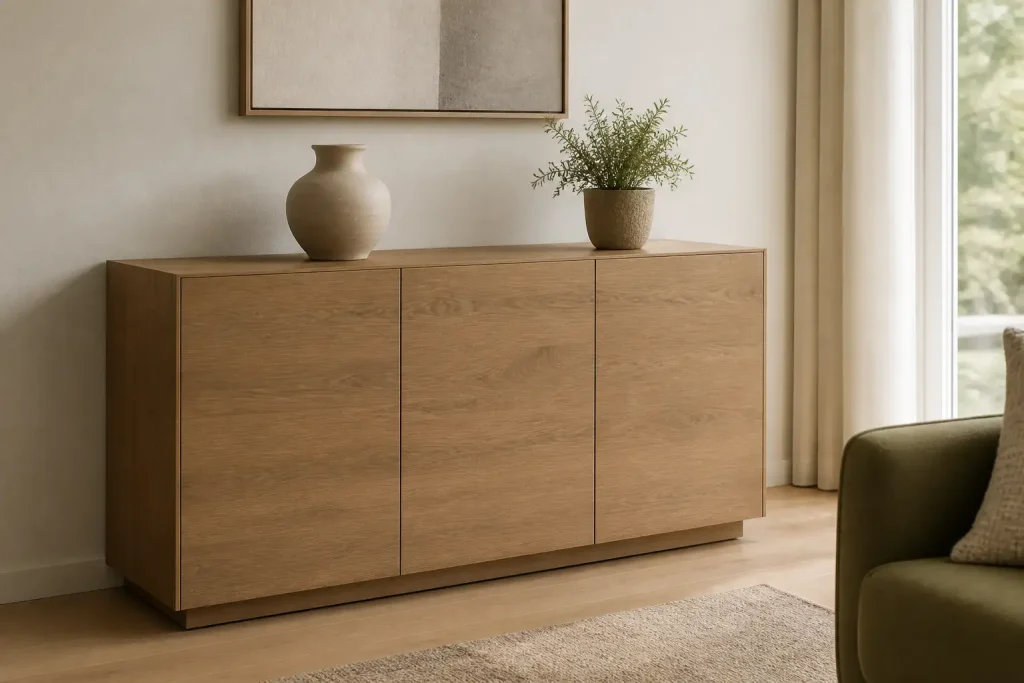 Sideboard mit Fronten in heller, matter Eichenoptik vor einer cremefarbenen Wand im Wohnzimmer