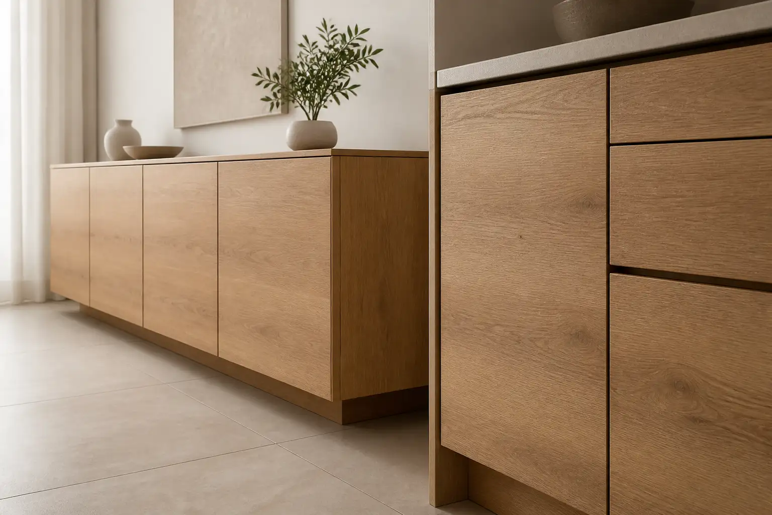 Küchen- und Sideboardfronten in matter Eichenoptik mit durchgehend sauber abgeschlossener Vorderkante