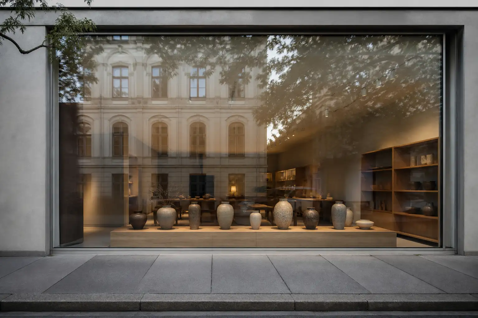 Klare, unbeschädigte Schaufensterscheibe eines Einrichtungsladens mit Vasen auf einem Holzpodest