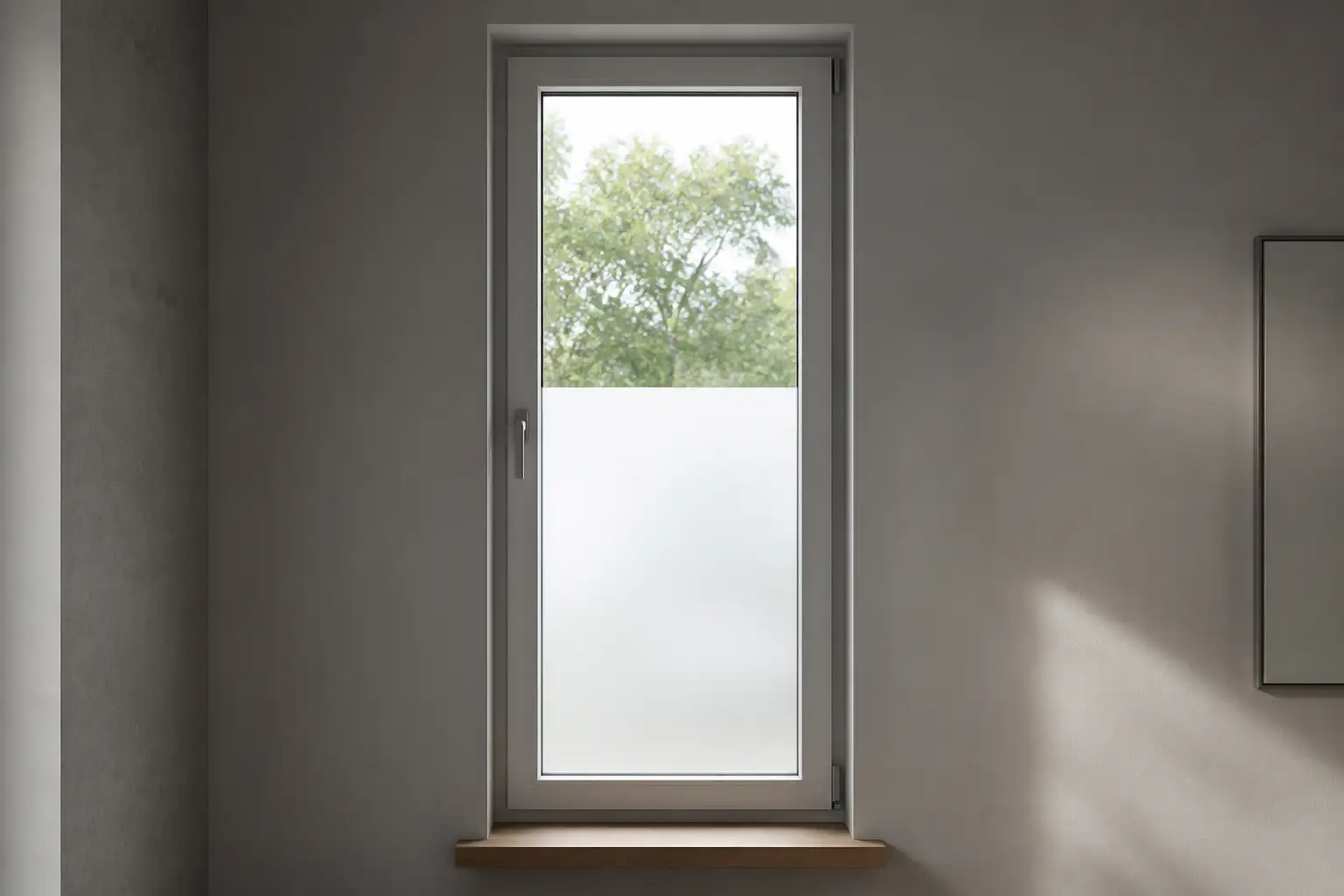 Schmales Wohnzimmerfenster, dessen untere Hälfte eine satinierte Milchglasfolie trägt, obere Hälfte klar