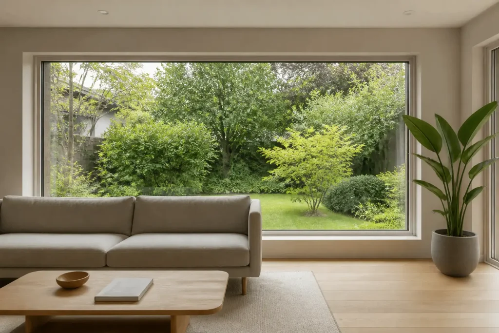 Wohnzimmer im Erdgeschoss mit breiter Fensterfront ohne Sichtschutz, Blick in einen begrünten Vorgarten