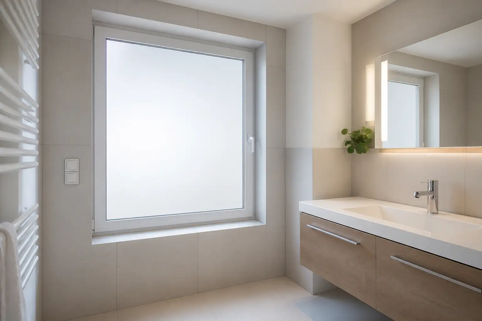 Badezimmerfenster mit deckender satinierter Sichtschutzfolie in einem hellen, gefliesten Bad