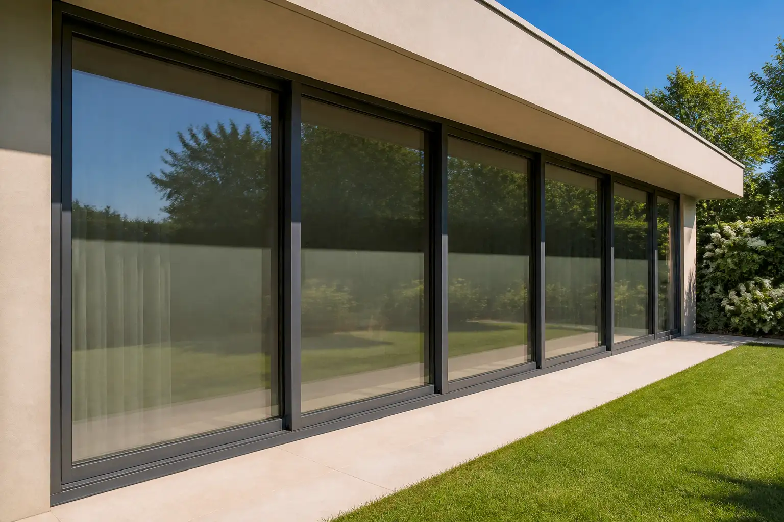 Große Fensterfront aus Isolierglas in anthrazitfarbenen Rahmen, der Dachüberstand legt einen Schatten über den oberen Teil der Scheiben