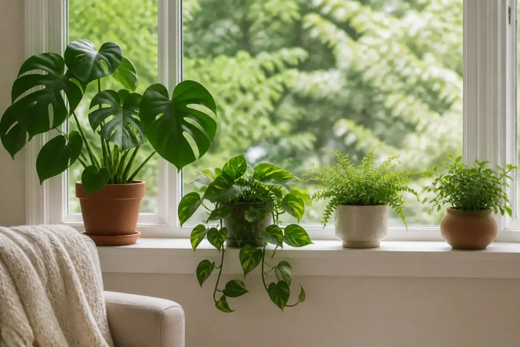 Zimmerpflanzen auf einer hellen Fensterbank: Monstera im Tontopf, herabhängende Efeutute, Farn und eine kleine Grünpflanze vor dem Fenster