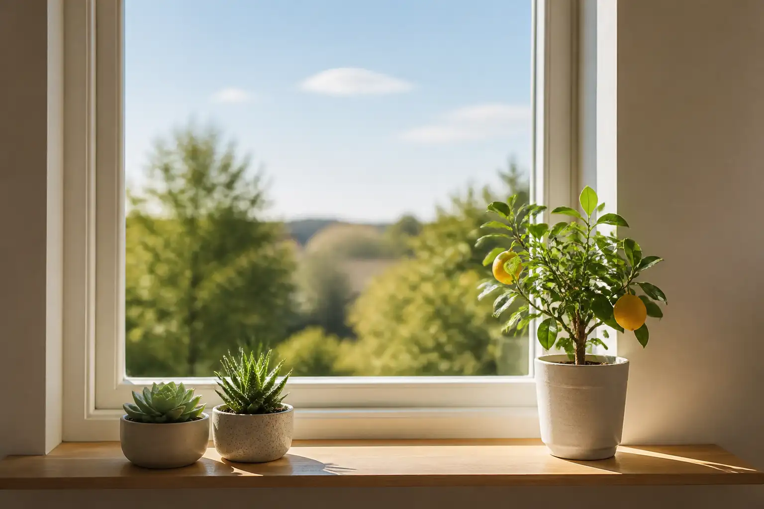 Zwei Sukkulenten und ein kleines Zitrusbäumchen auf einer sonnigen Fensterbank aus Holz bei direktem Sonnenlicht