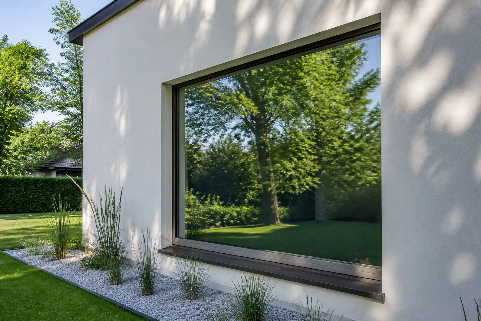 Hell verputzte Hausfassade mit großem Fenster, dessen verspiegelte Scheibe die Bäume und den Rasen im Garten spiegelt