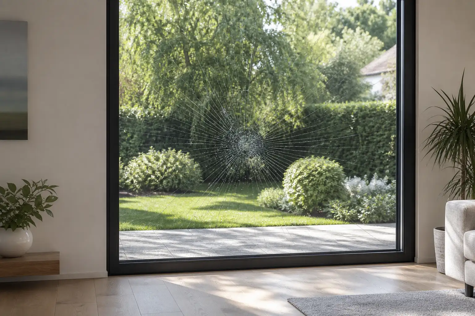 Gerissene Fensterscheibe, die dank Splitterschutzfolie geschlossen im Rahmen bleibt