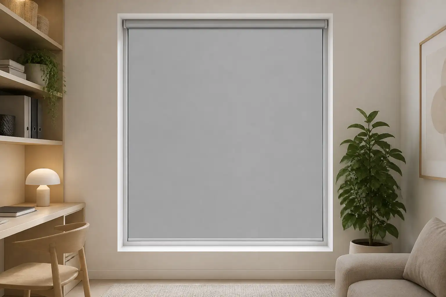 Vollständig heruntergelassenes silbergraues Folienrollo mit schmaler weißer Kassette innen vor einem Fenster in einem Arbeitszimmer