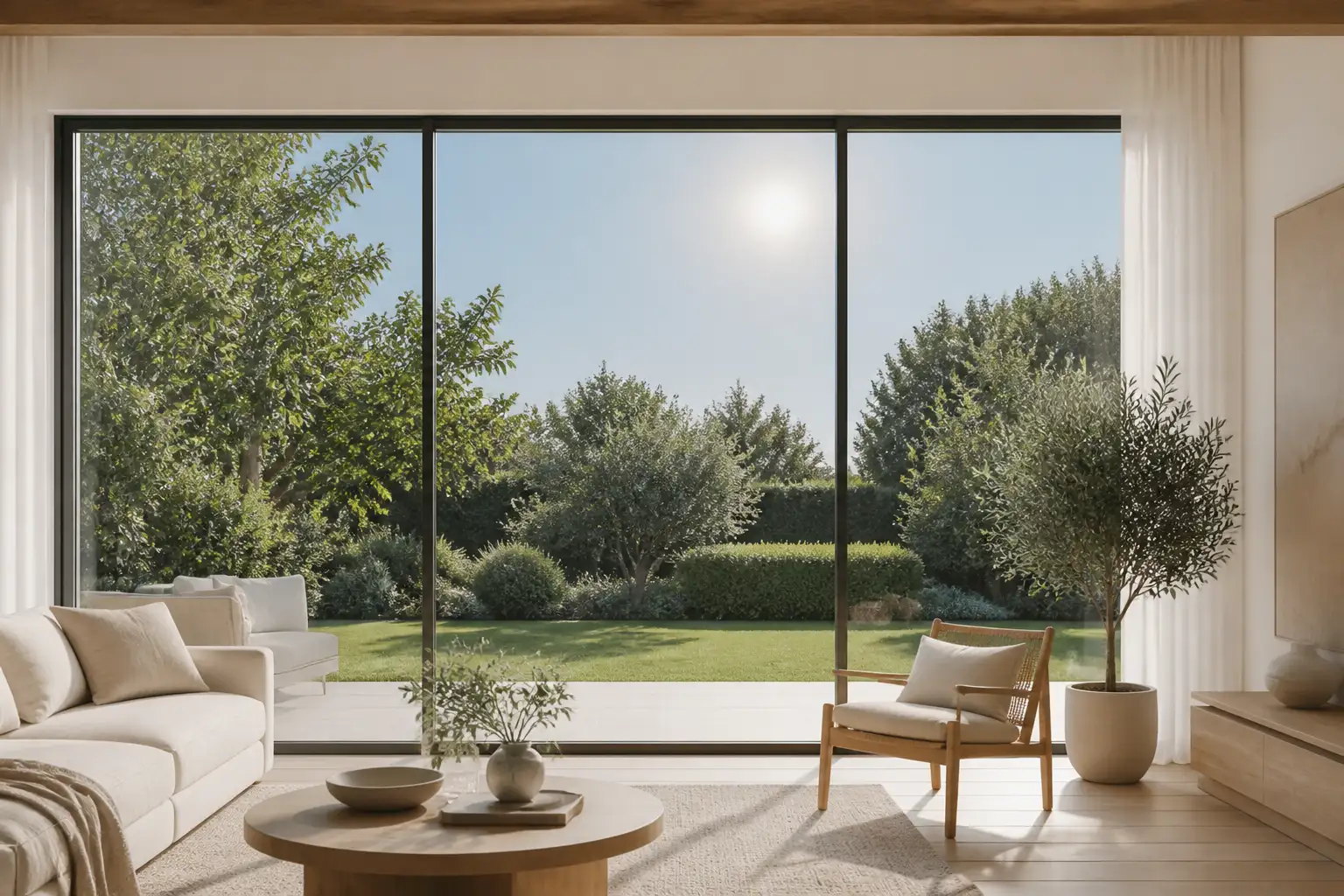 Blick aus einem hellen Wohnzimmer durch eine bodentiefe Fensterfront auf einen sonnigen Garten im Hochsommer