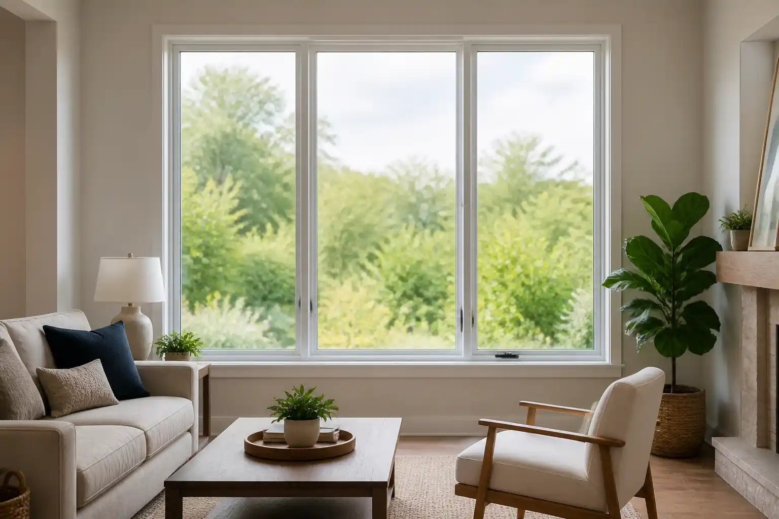 Wohnzimmerfenster mit klarer, sauberer Glasscheibe ohne Folien- und Kleberreste