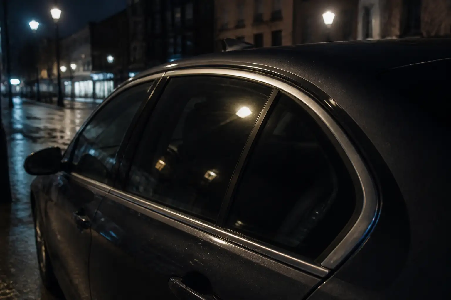 Getönte hintere Seitenscheibe eines dunklen Pkw bei Nacht an einer regennassen Straße, Straßenlaternen spiegeln sich im Glas
