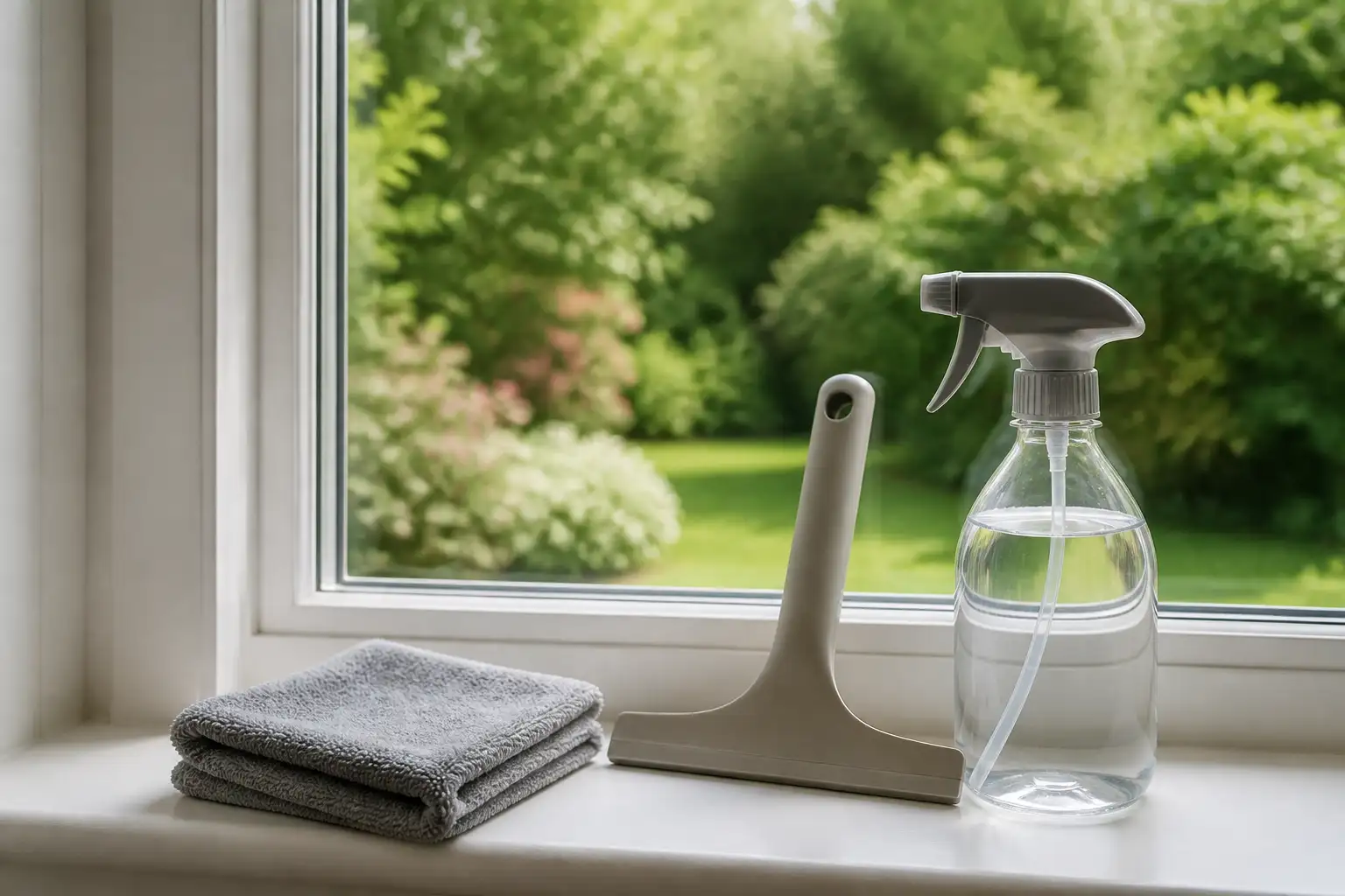 Graues Mikrofasertuch, Gummiabzieher und Sprühflasche mit klarem Wasser auf der Fensterbank vor einer sauberen, klaren Fensterscheibe