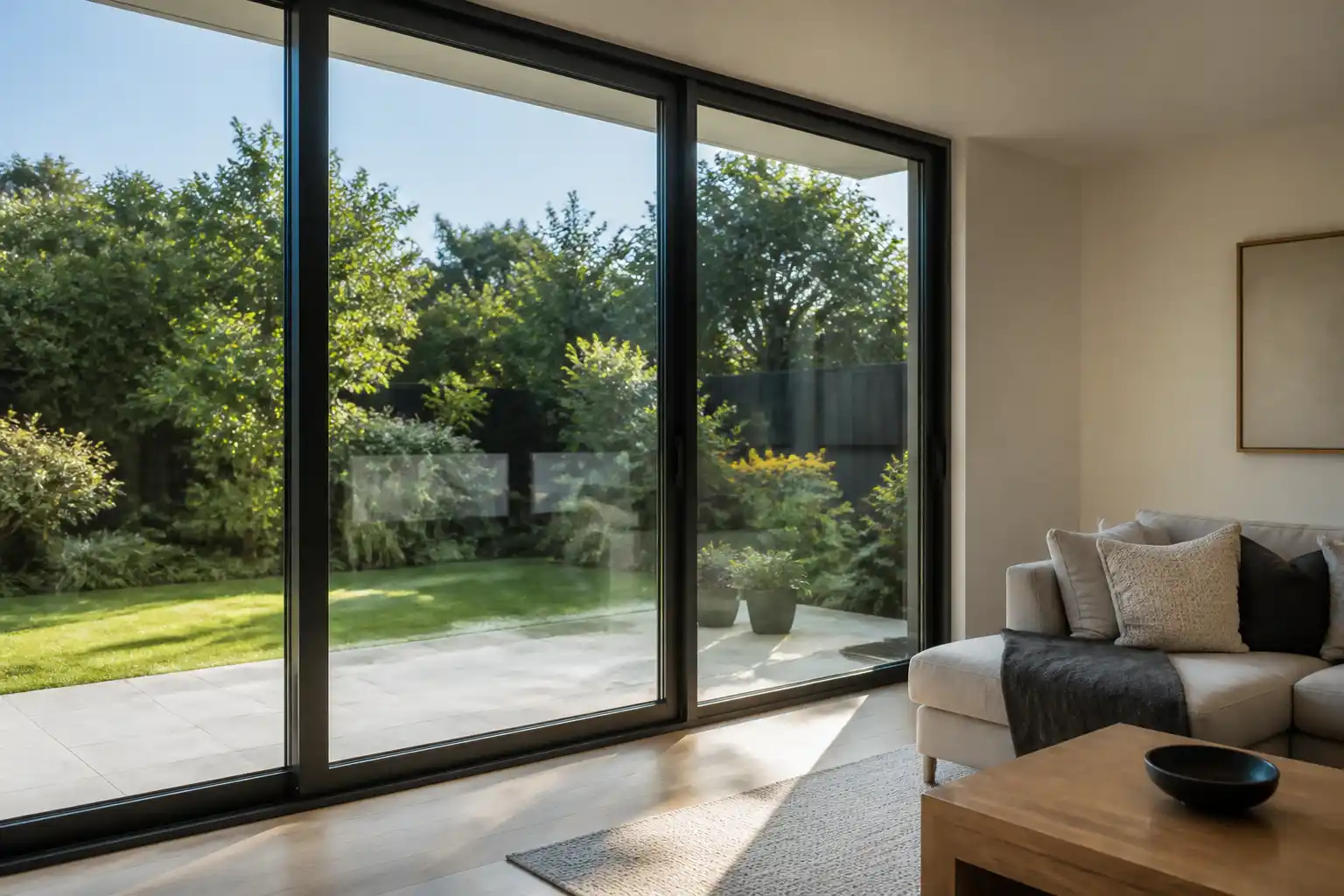 Große Schiebetür zum Garten in einem hellen Wohnzimmer mit Holzboden