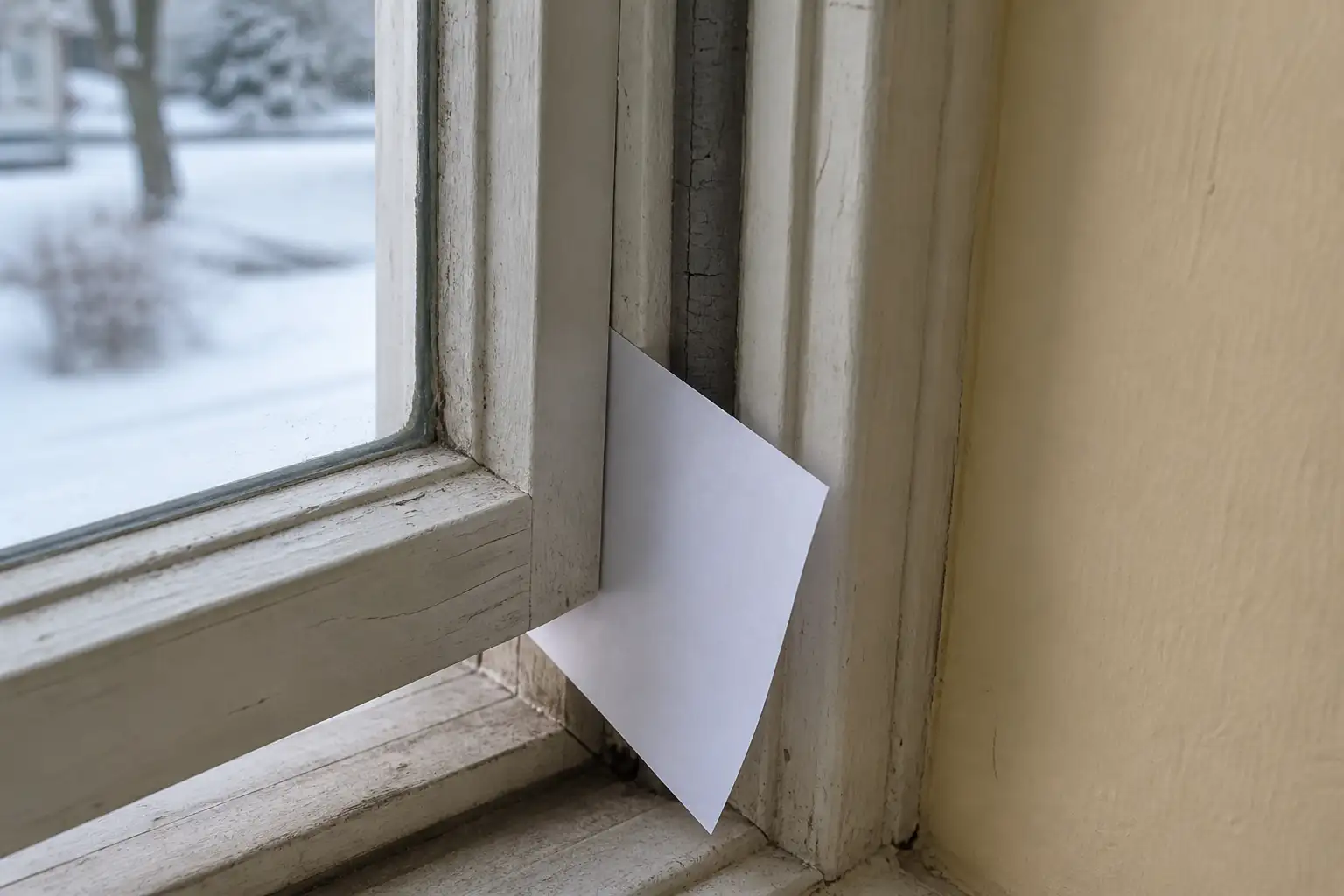 Weißes Blatt Papier zwischen Flügel und Rahmen eines alten Holzfensters, daneben eine rissige Gummidichtung