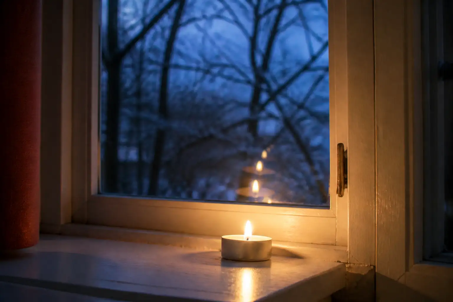 Teelicht auf der Fensterbank vor einem alten Holzfenster, in der Scheibe spiegelt sich die Flamme mehrfach
