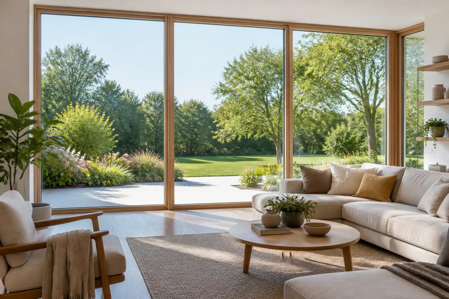 Helles Wohnzimmer mit bodentiefen Holzfenstern und klarer Verglasung, dahinter ein sonniger Garten