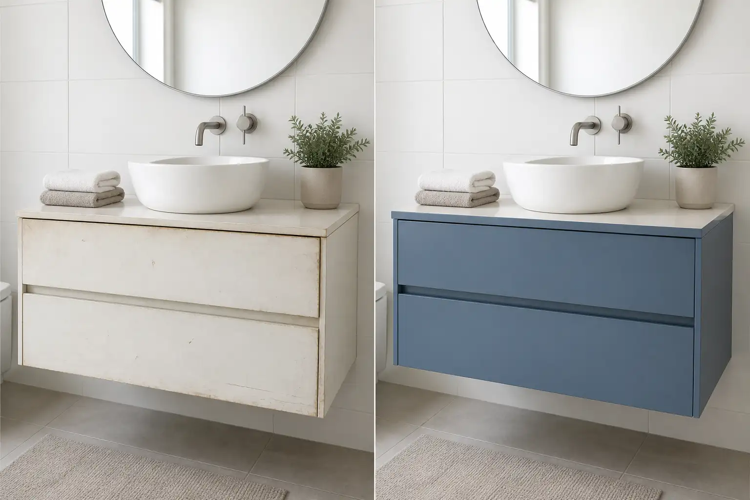 Waschtischunterschrank links mit alter, vergilbter Front, rechts mit neu folierter matter Front in Blau