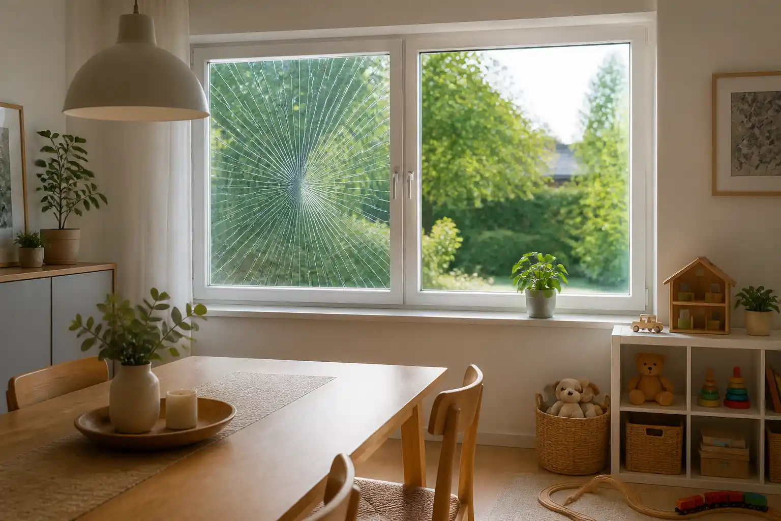 Gesprungene Fensterscheibe in einem Wohnraum, deren Rissbild geschlossen im Rahmen bleibt