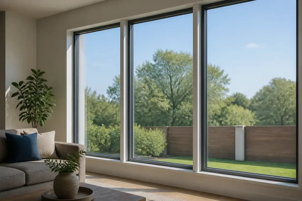 Bodentiefe Fensterfront in einem Wohnzimmer mit klarer Verglasung