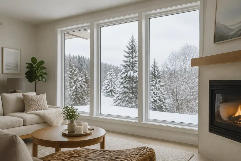 Helles Wohnzimmer im Winter mit großer Fensterfront, verschneitem Nadelwald draußen und Kaminfeuer