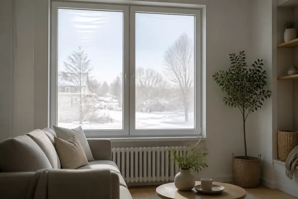 Wohnzimmer mit Heizkörper unter einem Fenster, dahinter eine verschneite Winterlandschaft