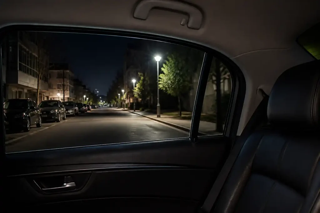Blick aus dem Fond eines Pkw durch die getönte hintere Seitenscheibe auf eine beleuchtete Straße bei Nacht
