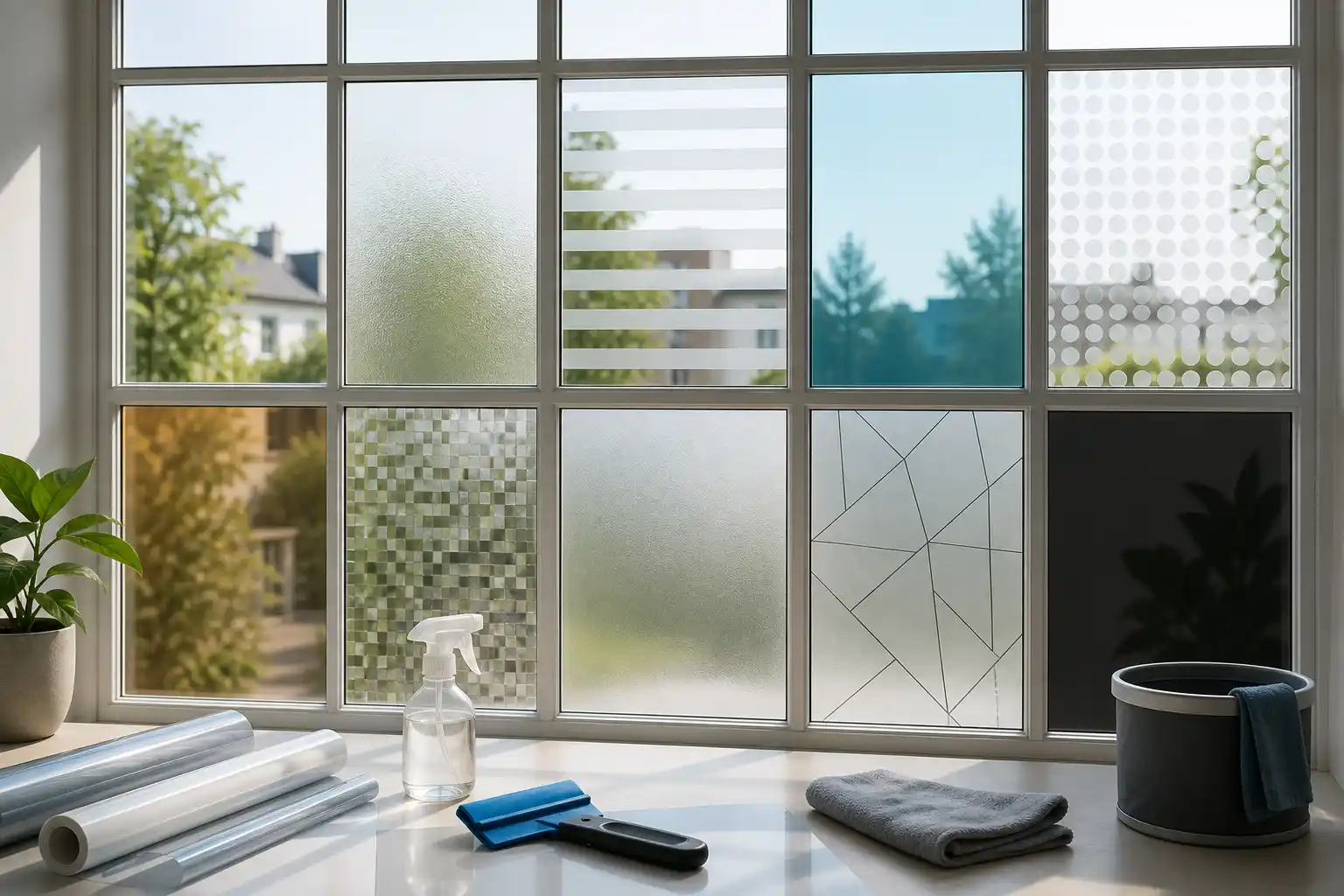 Fensterfront mit verschiedenen fertig verklebten Sicht- und Sonnenschutzfolien, davor Folienrollen und Montagezubehör