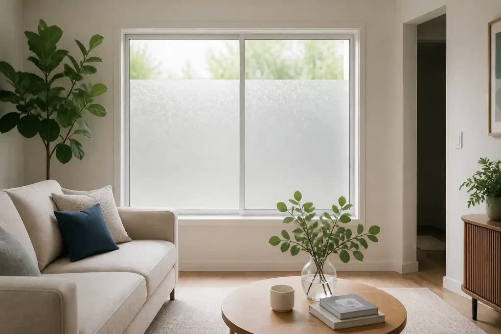 Wohnzimmerfenster, dessen Scheiben bis auf einen schmalen freien Streifen oben mit Milchglasfolie beklebt sind