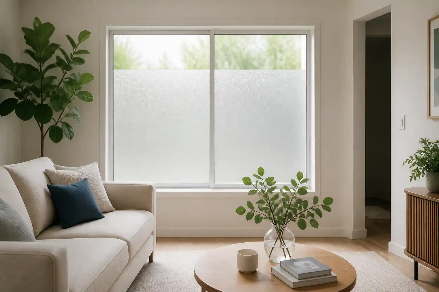 Wohnzimmerfenster, dessen Scheiben bis auf einen schmalen freien Streifen oben mit Milchglasfolie beklebt sind