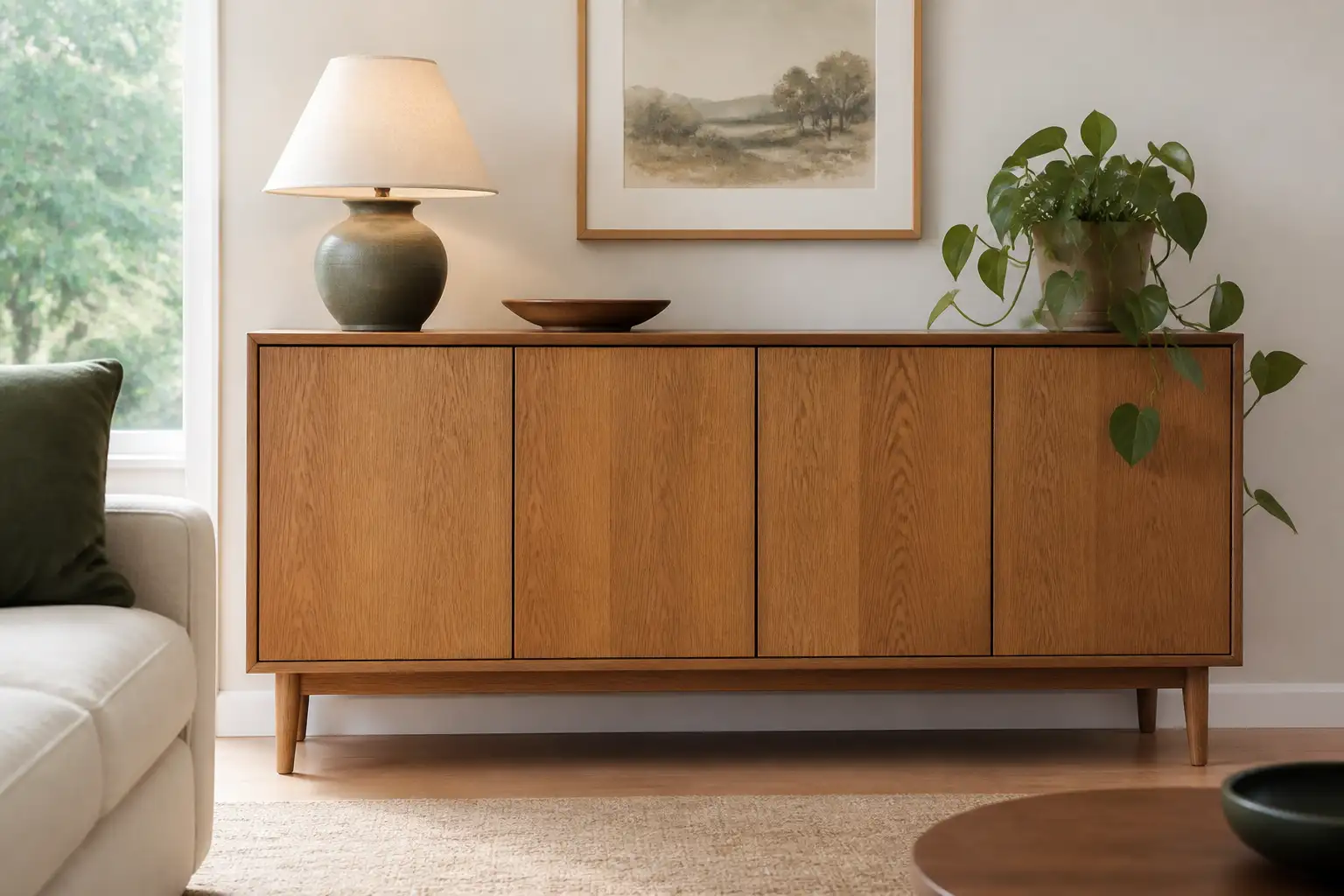 Sideboard mit vier glatten Türen in matter Eichen-Holzoptik im hellen Wohnzimmer