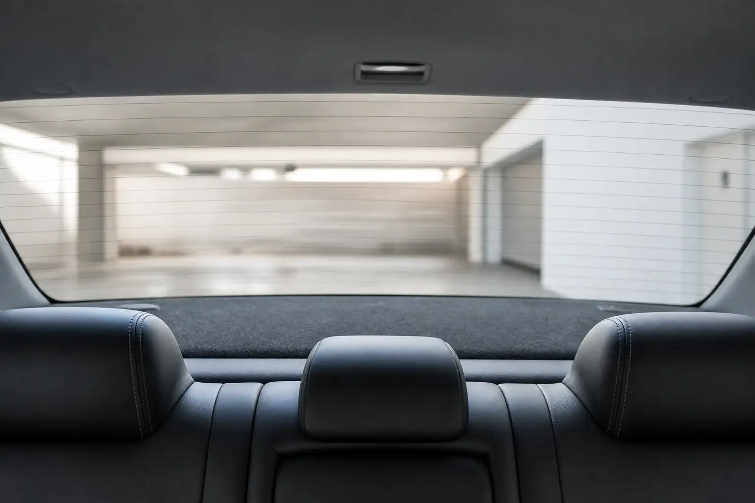Blick aus dem Fahrzeuginnenraum durch eine klare Heckscheibe ohne Folie, auf der Innenseite verlaufen die feinen waagerechten Heizdrähte