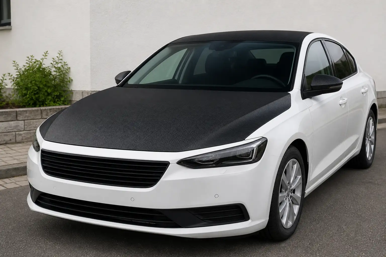 Weiße Limousine vor einer hellen Hauswand, Motorhaube, Dach und Außenspiegel mit schwarzer Carbonfolie beklebt
