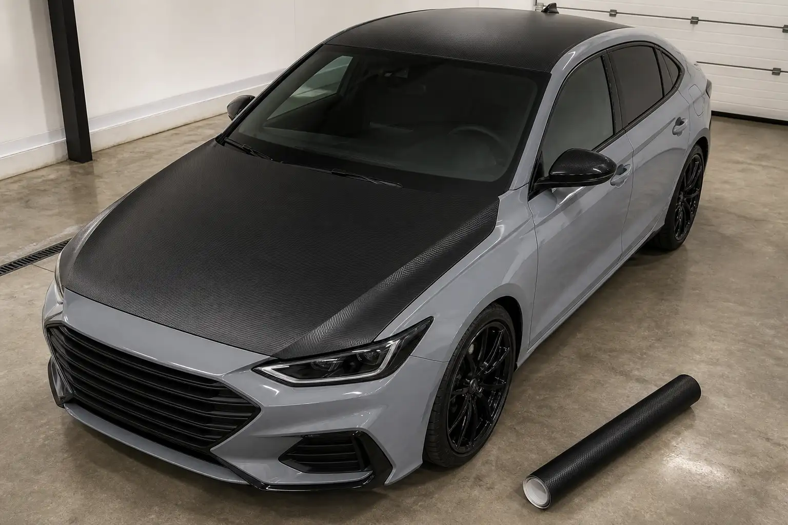 Grauer Pkw von schräg oben, Motorhaube, Dach und Außenspiegel mit schwarzer Carbonfolie beklebt, daneben eine geschlossene Rolle Carbonfolie