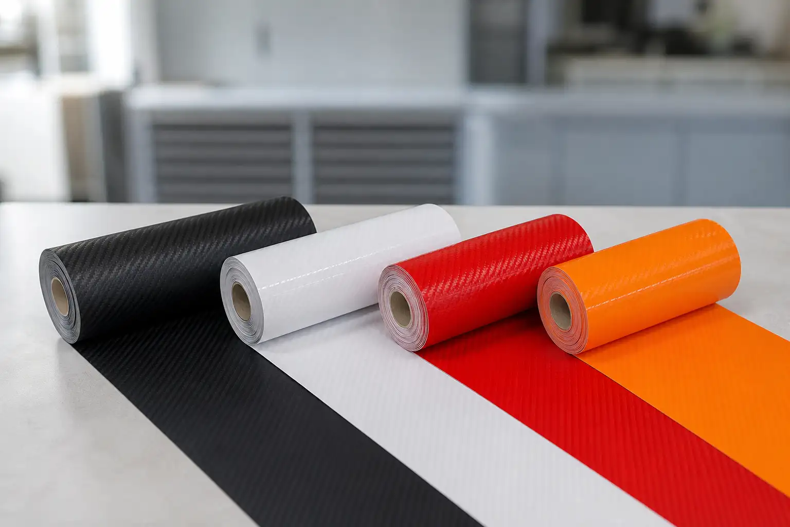 Vier Rollen Carbonfolie in Schwarz, Weiß, Rot und Orange mit ausgelegten Bahnen auf einem Werktisch