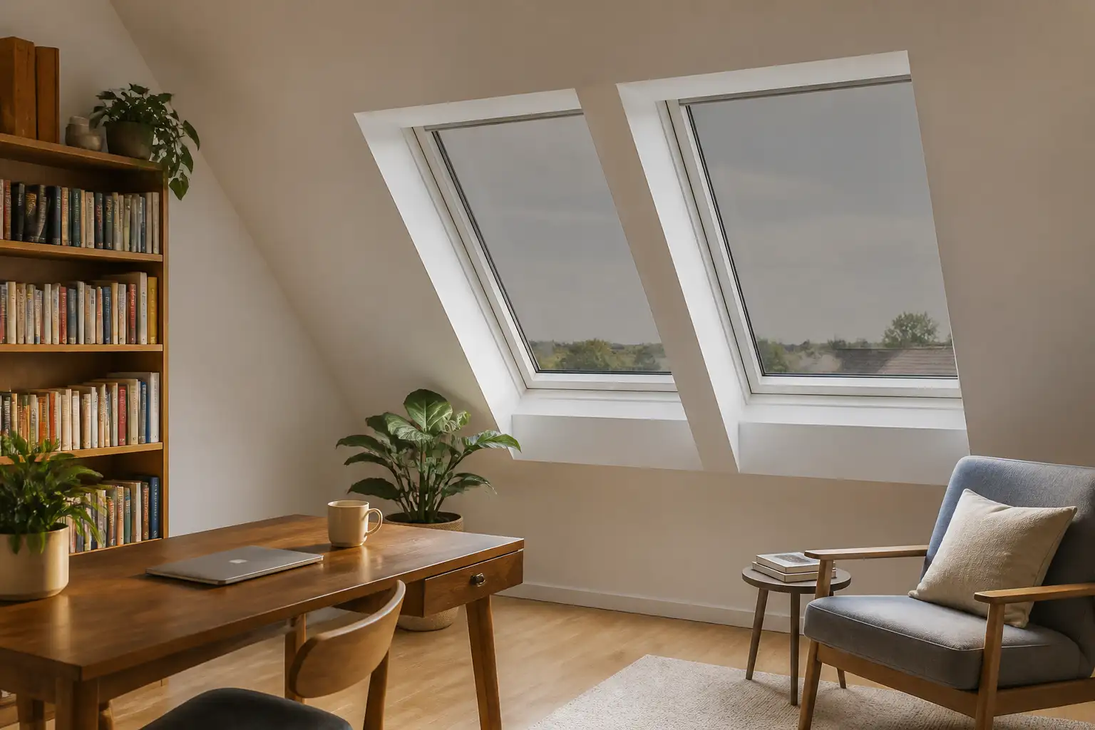 Dachstudio mit zwei Dachfenstern, deren Scheiben gleichmäßig grau getönt sind, Himmel gedämpft sichtbar