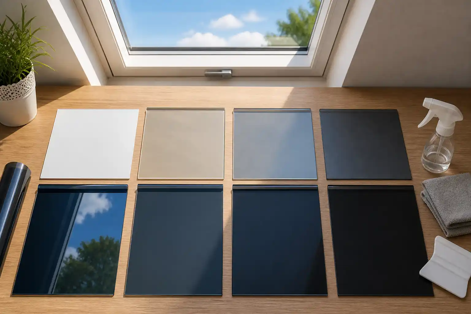 Acht Folienmuster von Weiß über Grau bis Schwarz auf einem Holztisch unter einem Dachfenster
