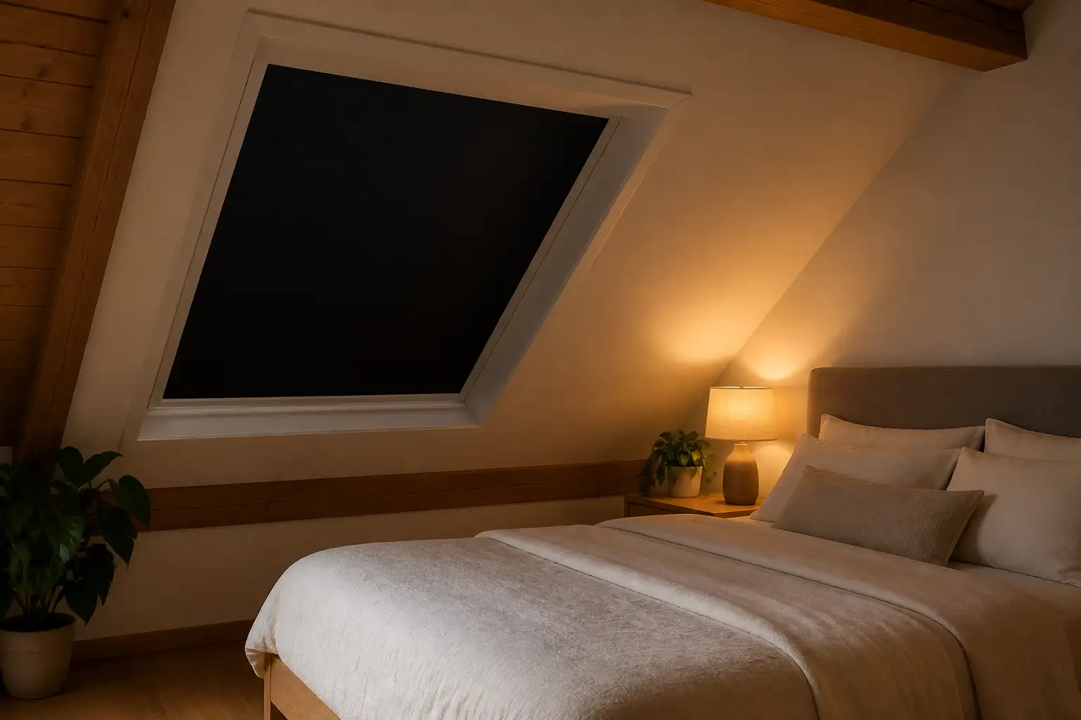 Schlafzimmer unter der Dachschräge mit vollflächig schwarz verdunkeltem Dachfenster, nur eine Nachttischlampe brennt