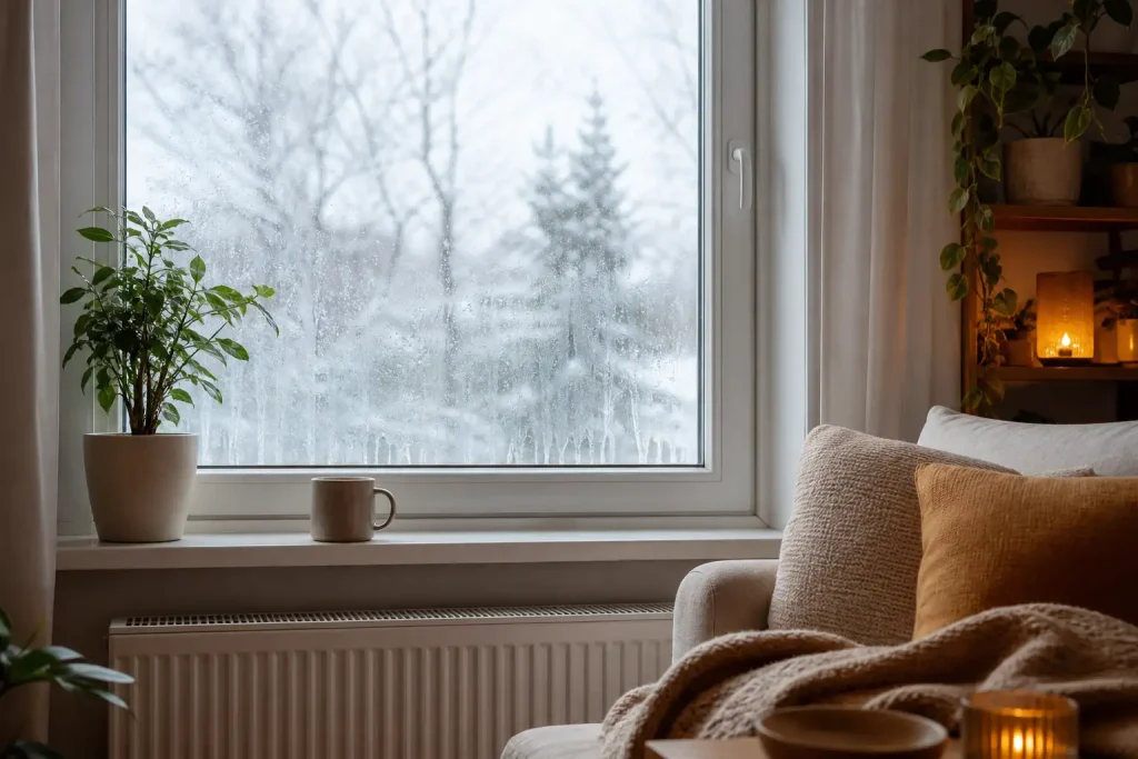 Beschlagene Fensterscheibe im Wohnzimmer an einem Wintermorgen, darunter ein Heizkörper, auf der Fensterbank Pflanze und Tasse