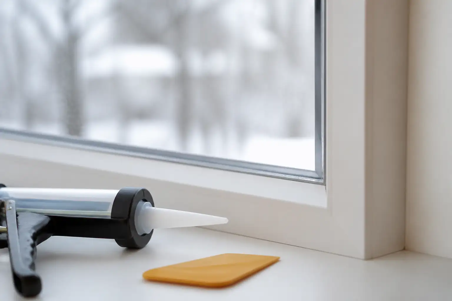 Kartuschenpistole mit transparentem Silikon und Rakel auf der Fensterbank vor einer Fensterscheibe im Winter