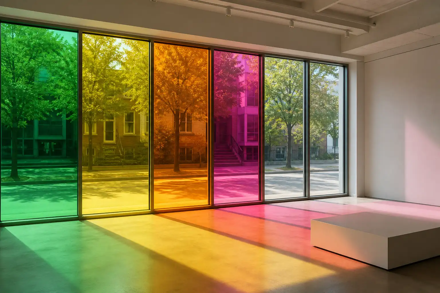 Leerer Verkaufsraum mit großem Schaufenster, vier Glasfelder mit transparenter Farbfolie in Grün, Gelb, Orange und Magenta werfen farbiges Licht auf den Boden