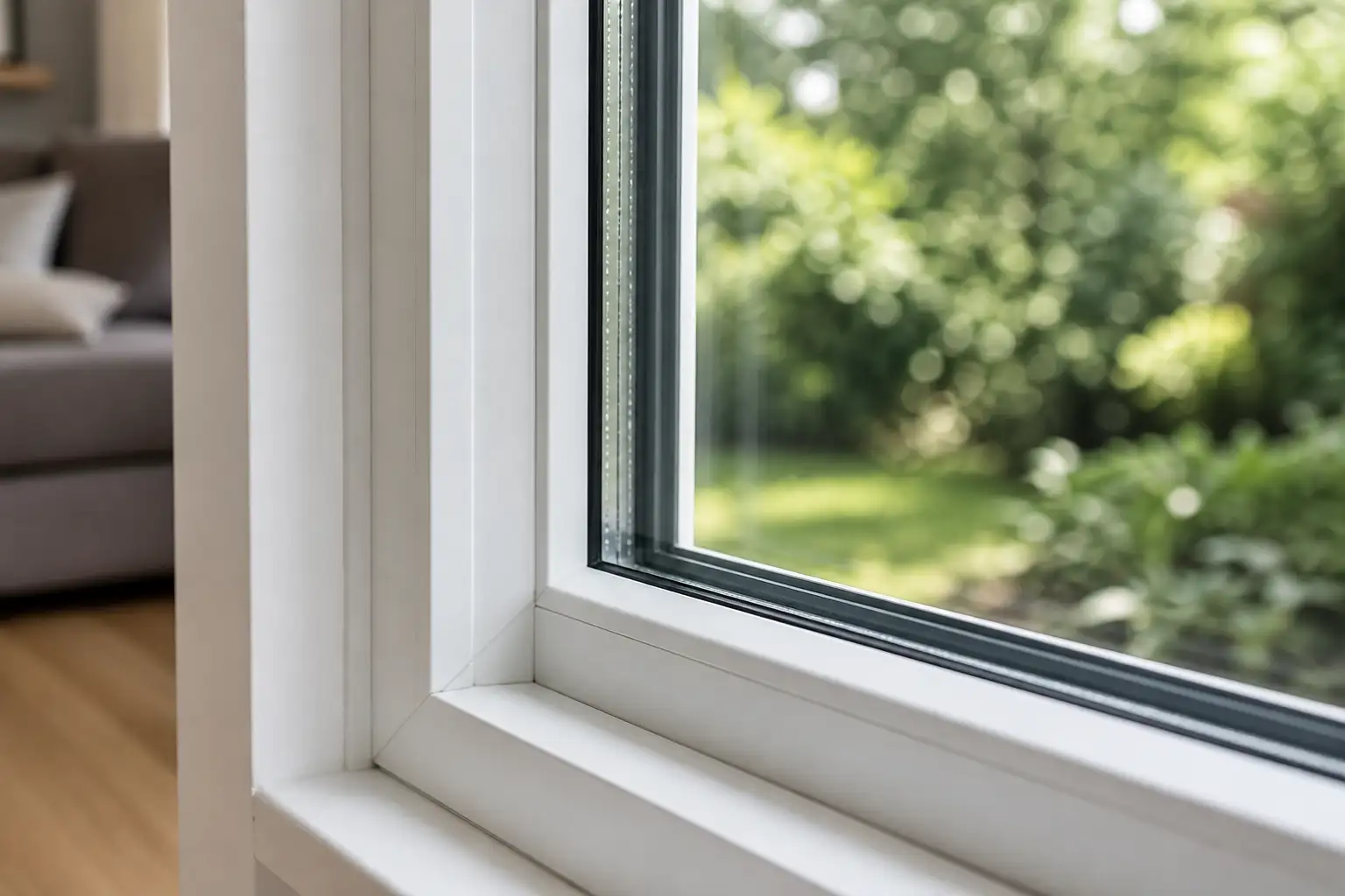 Nahaufnahme einer weißen Kunststofffensterecke mit Isolierglas, zwischen den beiden Scheiben ist der dunkle Abstandhalter zu sehen