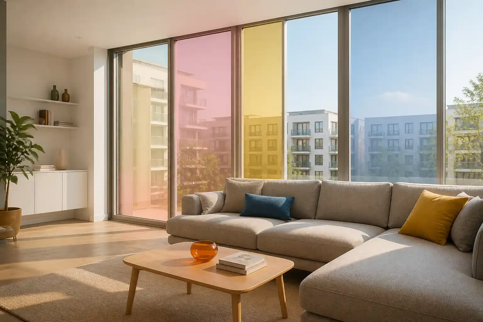 Wohnzimmer mit raumhoher Fensterfront, einzelne Glasfelder mit transparenter Farbfolie in Rosa, Gelb und Hellblau