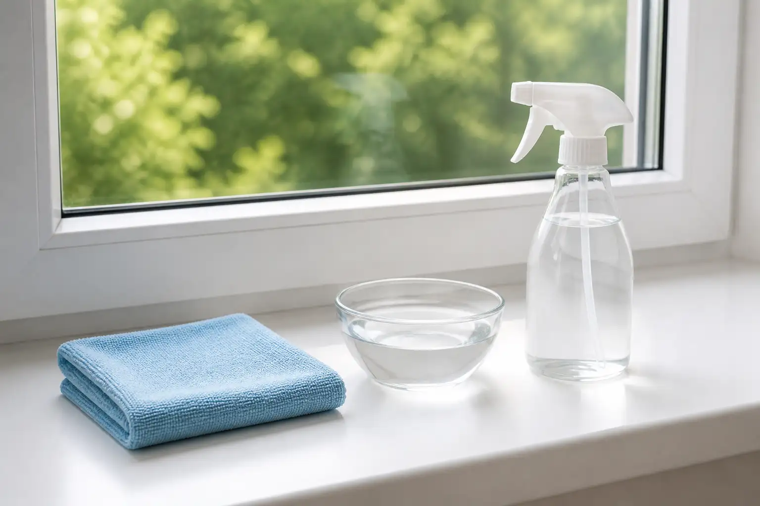 Weiches Mikrofasertuch, Glasschale mit Wasser und Sprühflasche auf der Fensterbank vor einem unbeschädigten weißen Kunststofffensterrahmen