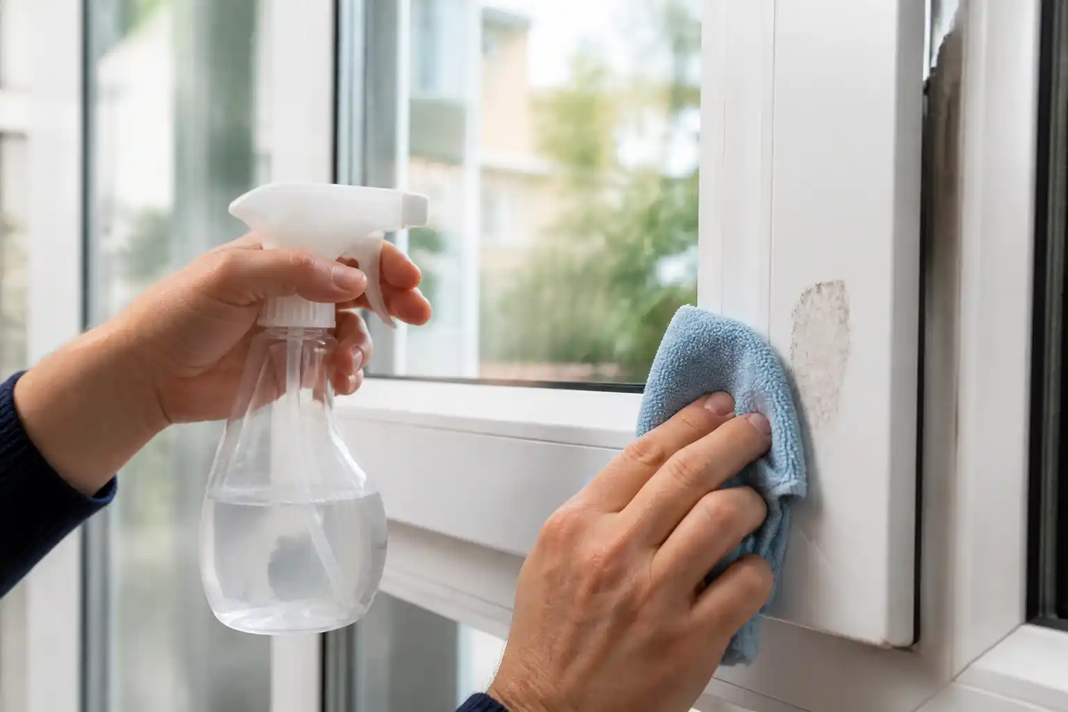 Hand wischt mit einem blauen Mikrofasertuch über einen Kleberest am weißen Kunststofffensterrahmen, daneben eine Sprühflasche mit Wasser
